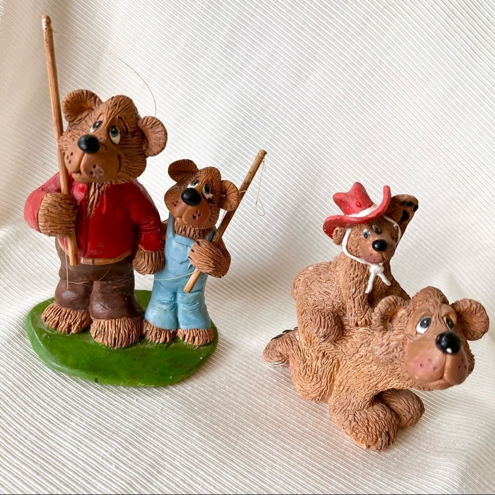 Li'l Luvables Russ Kelly Cowboy Bear Cub Dad Fishing Collectible Figurines Set 2